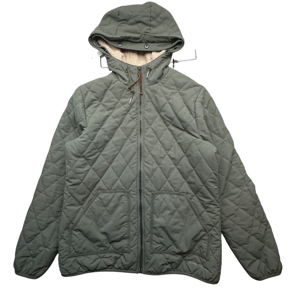 Eddie Bauer Diamond Quilted Fleece Lined Jacket Womens Large Hooded Green